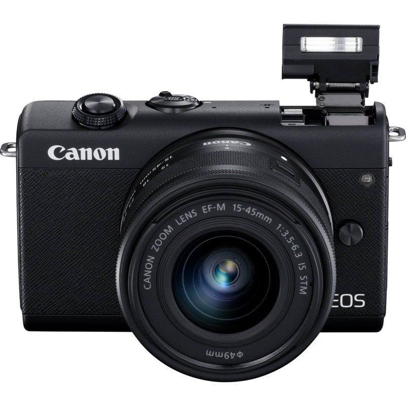 Canon EOS M200 für Wechselobjektive im Live-Streaming-Kit Produkt Diagonale Ansicht mit internem Blitz von oben