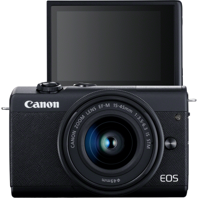 Canon EOS M200 Gehäuse, Schwarz + EF-M 15-45mm Produkt Vorderansicht mit klappbarem Display