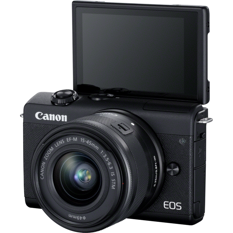 Canon EOS M200 für Wechselobjektive im Live-Streaming-Kit Produkt Diagonale Vorderansicht mit klappbarem Display
