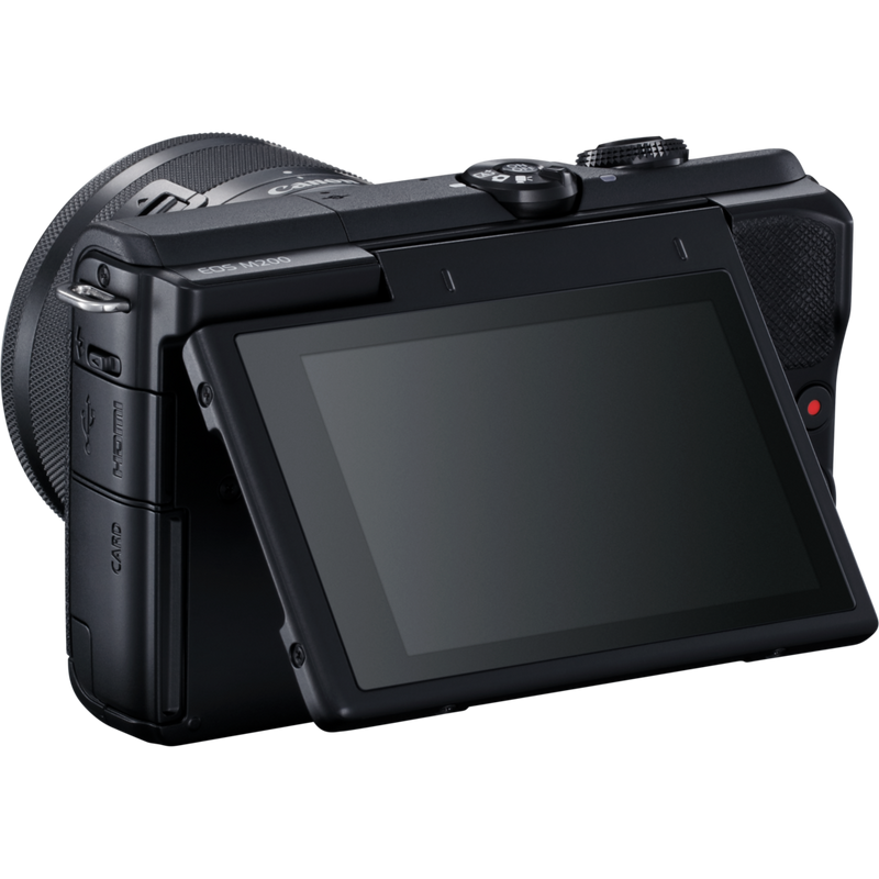 Canon EOS M200 für Wechselobjektive im Live-Streaming-Kit Produkt Diagonale Ansicht mit klappbarem Display von hinten