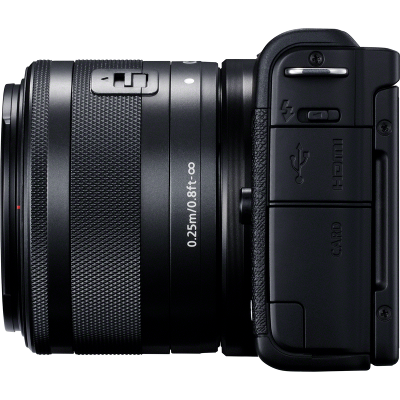 Canon EOS M200 für Wechselobjektive im Live-Streaming-Kit Produkt Ansicht von links mit dem Objektiv