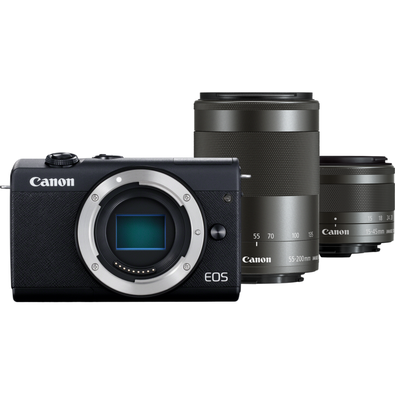 Canon EOS M200 Gehäuse, Schwarz + EF-M 15-45mm + EF-M 55-200mm Produkt Vorderansicht des Kit-Inhalts
