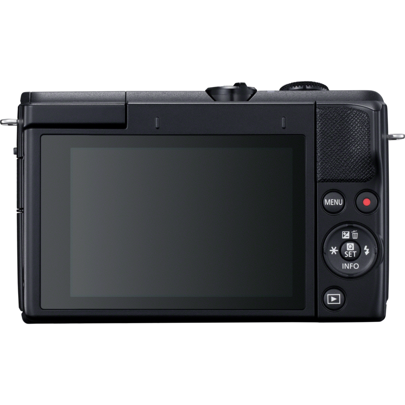 Canon EOS M200 Gehäuse, Schwarz + EF-M 15-45mm + EF-M 55-200mm Produkt Rückansicht