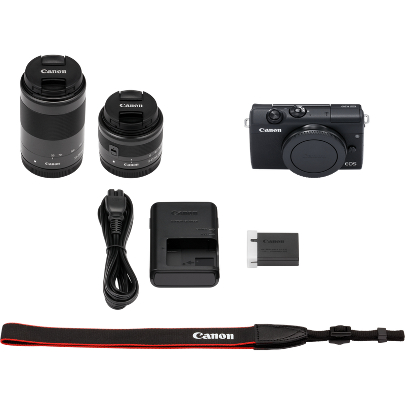 Canon EOS M200 Gehäuse, Schwarz + EF-M 15-45mm + EF-M 55-200mm Produkt Lieferumfang