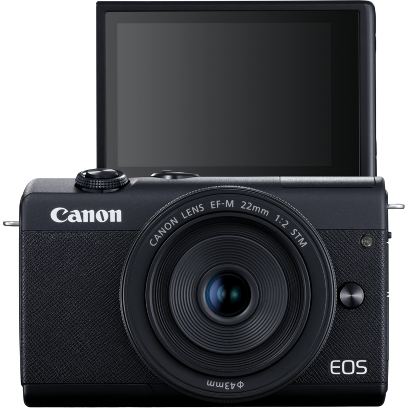 Canon EOS M200 Gehäuse, Schwarz + EF-M 15-45mm + EF-M 55-200mm Produkt Vorderansicht mit klappbarem Display