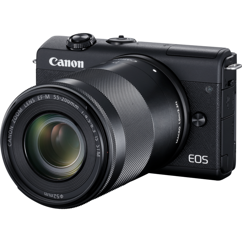 Canon EOS M200 Gehäuse, Schwarz + EF-M 15-45mm + EF-M 55-200mm Produkt Diagonale Ansicht