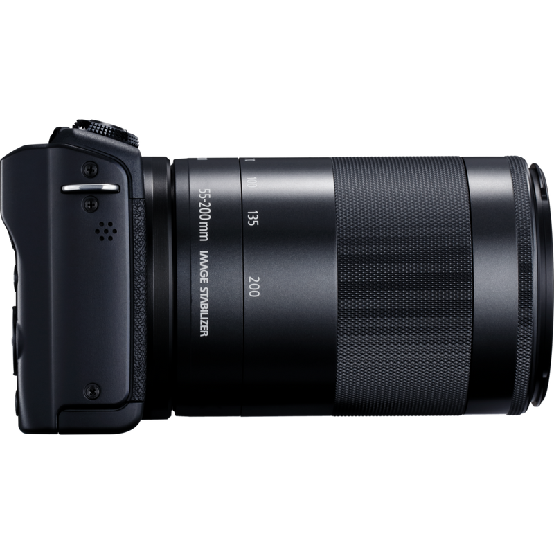 Canon EOS M200 Gehäuse, Schwarz + EF-M 15-45mm + EF-M 55-200mm Produkt Ansicht von rechts mit dem Objektiv