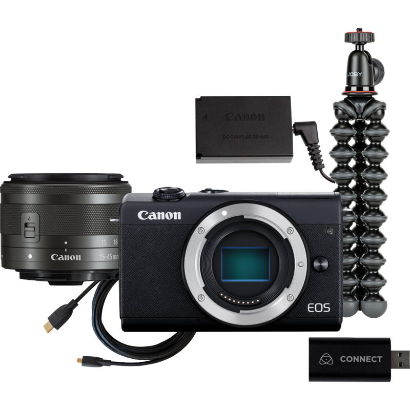 Canon EOS M200 für Wechselobjektive im Live-Streaming-Kit Produkt Vorderansicht des Kit-Inhalts