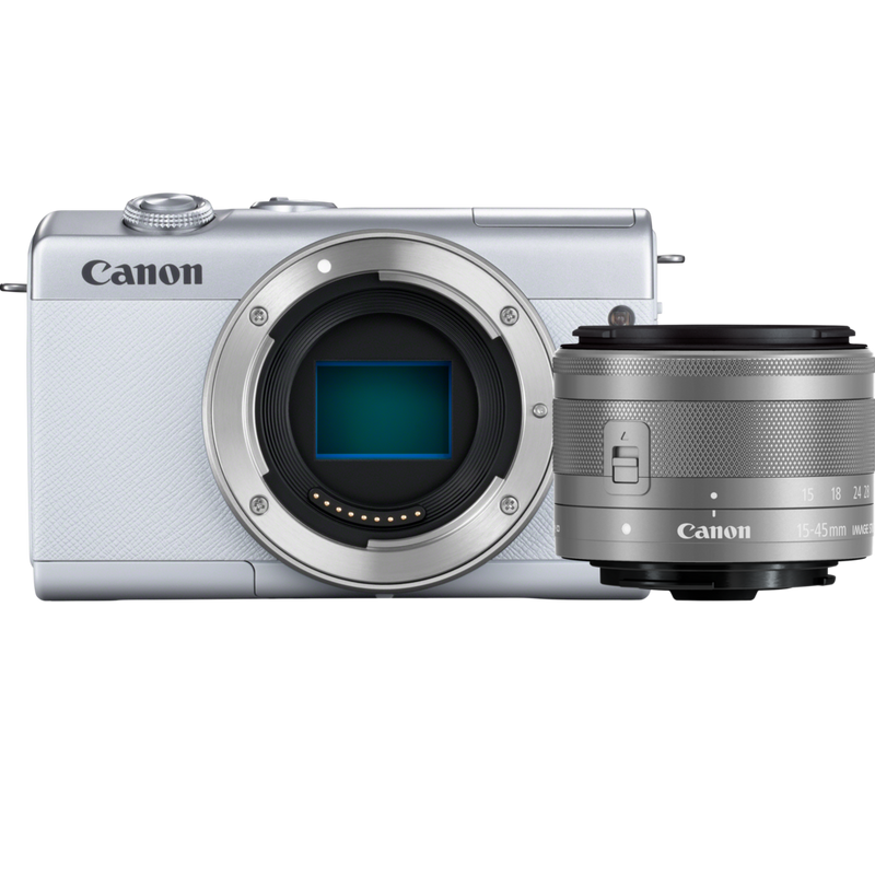 Canon EOS M200 Gehäuse, Weiß + EF-M 15-45mm, Silber Produkt Vorderansicht des Kameragehäuses und des Objektivs