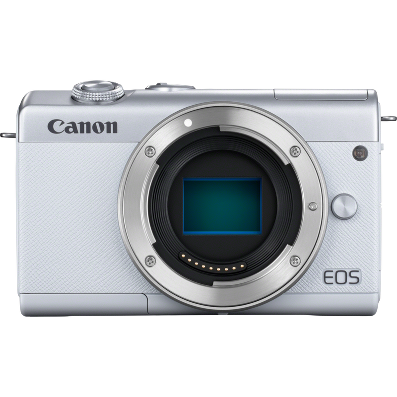 Canon EOS M200 Gehäuse, Weiß + EF-M 15-45mm, Silber Produkt Vorderansicht des Kameragehäuses