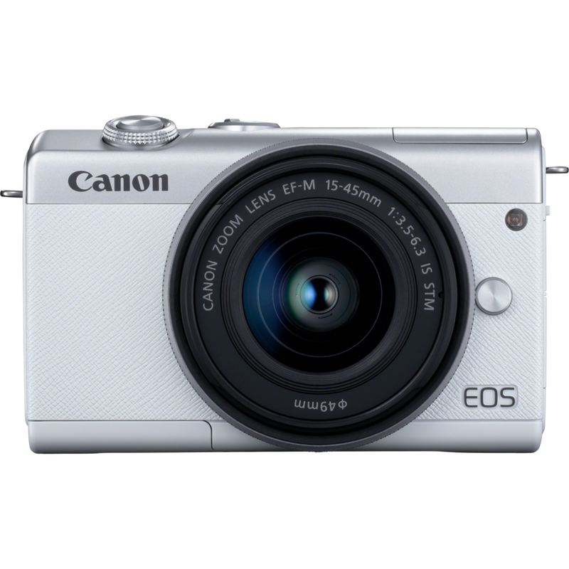 Canon EOS M200 Gehäuse, Weiß + EF-M 15-45mm, Silber Produkt Vorderansicht