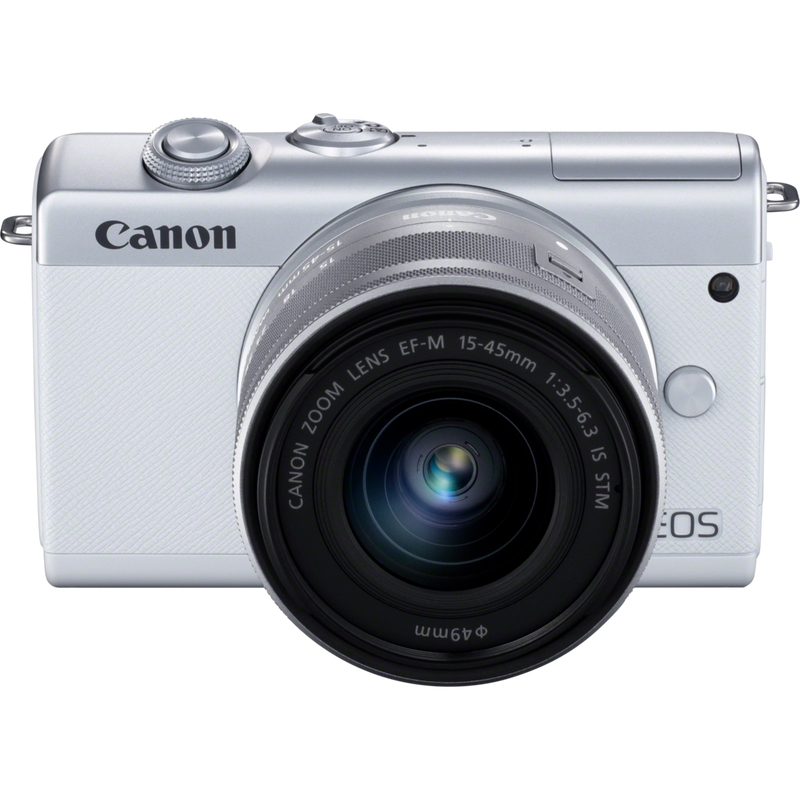 Canon EOS M200 Gehäuse, Weiß + EF-M 15-45mm, Silber Produkt Diagonale Ansicht von oben