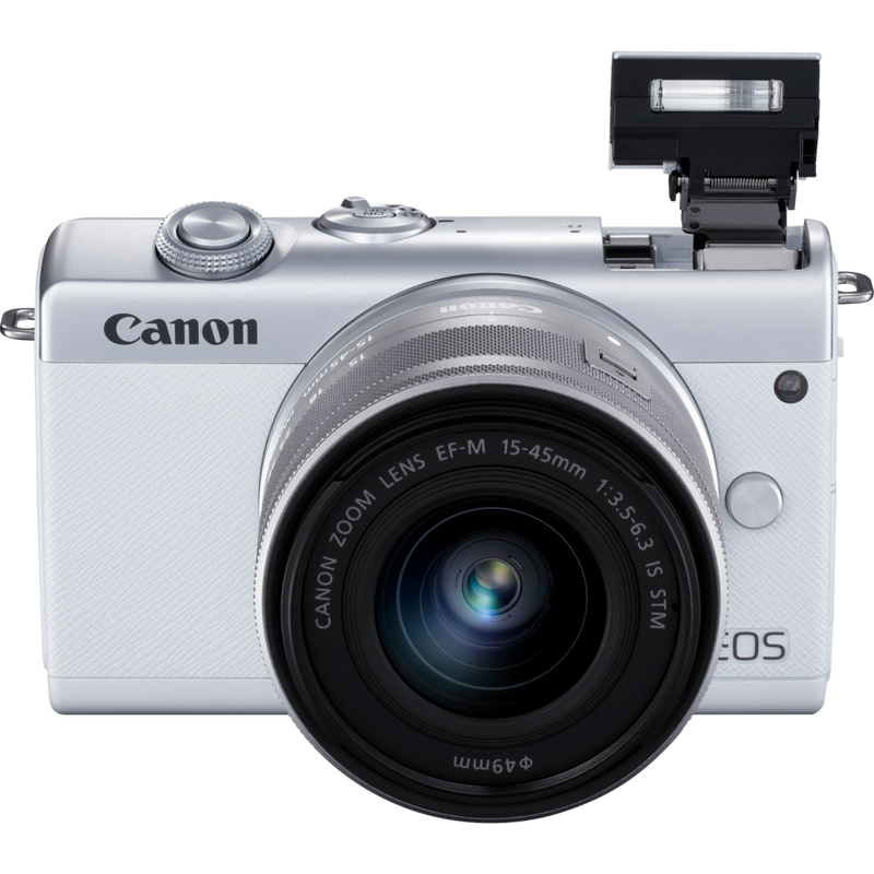 Canon EOS M200 Gehäuse, Weiß + EF-M 15-45mm, Silber Produkt Diagonale Ansicht mit internem Blitz von oben