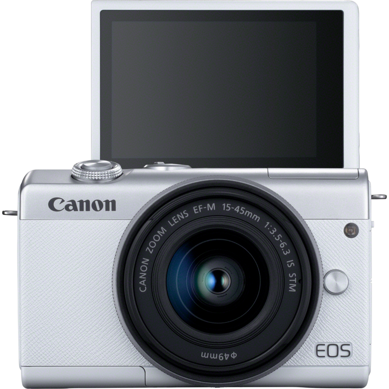 Canon EOS M200 Gehäuse, Weiß + EF-M 15-45mm, Silber Produkt Vorderansicht mit klappbarem Display