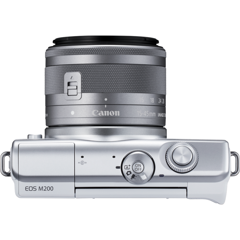 Canon EOS M200 Gehäuse, Weiß + EF-M 15-45mm, Silber Produkt Ansicht von oben