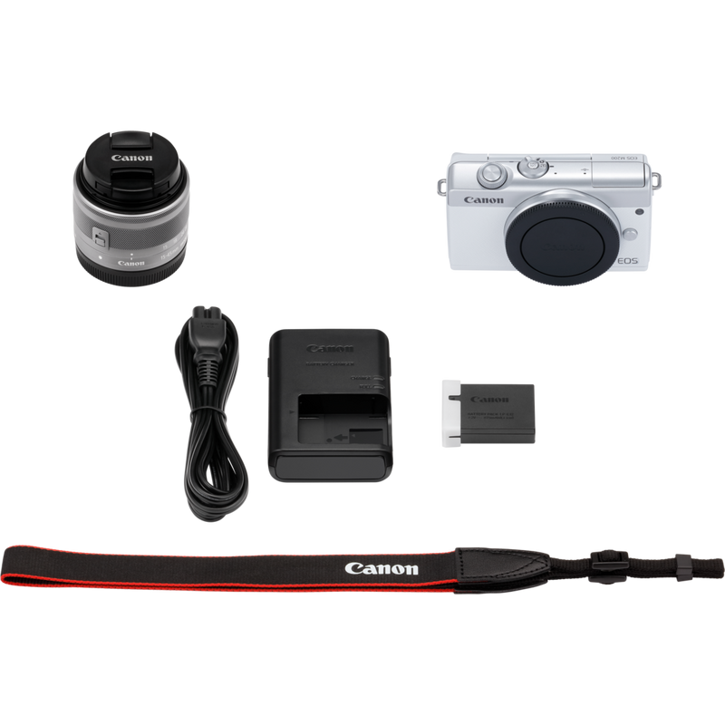 Canon EOS M200 Gehäuse, Weiß + EF-M 15-45mm, Silber Produkt Lieferumfang