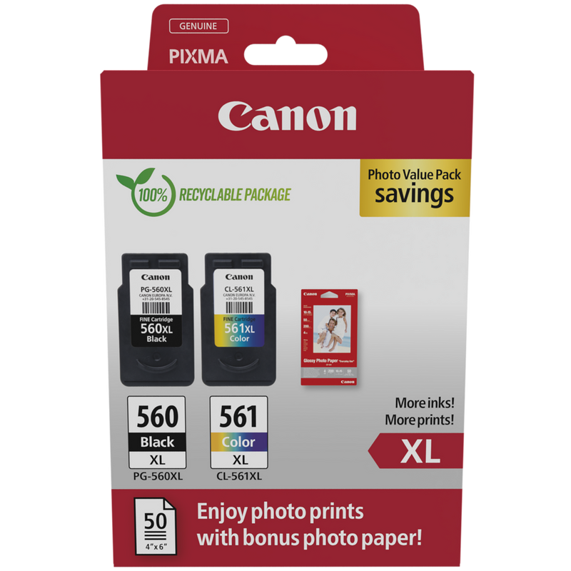 Canon PG-560XL Black and CL-561XL Colour Ink Cartridge + Photo Paper Value Pack Product Package front view