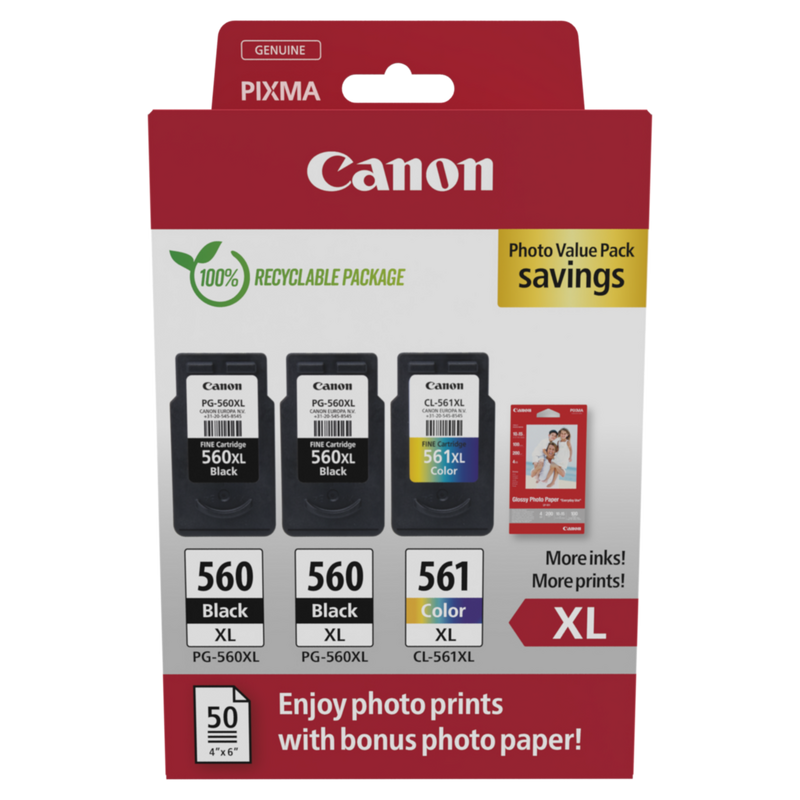 Canon PG-560XL x2/CL-561XL Ink Cartridge + Photo Paper Value Pack Product Package front view