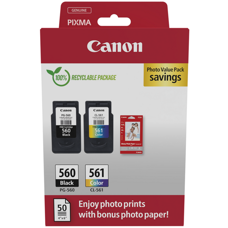 Canon PG-560/CL-561 Ink Cartridge + Photo Paper Value Pack Product Package front view