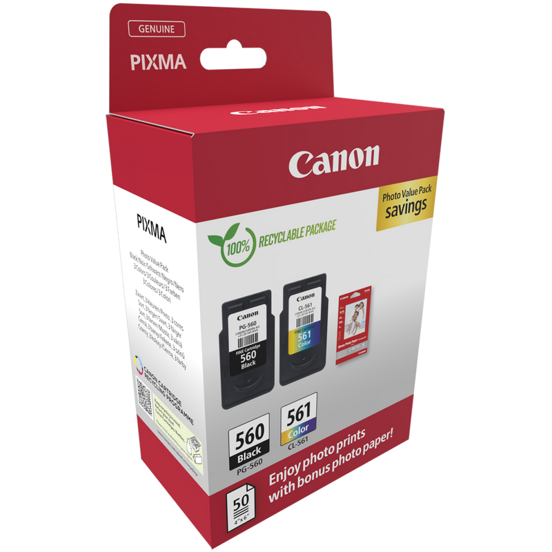 Canon PG-560/CL-561 Ink Cartridge + Photo Paper Value Pack Product Package front angled view