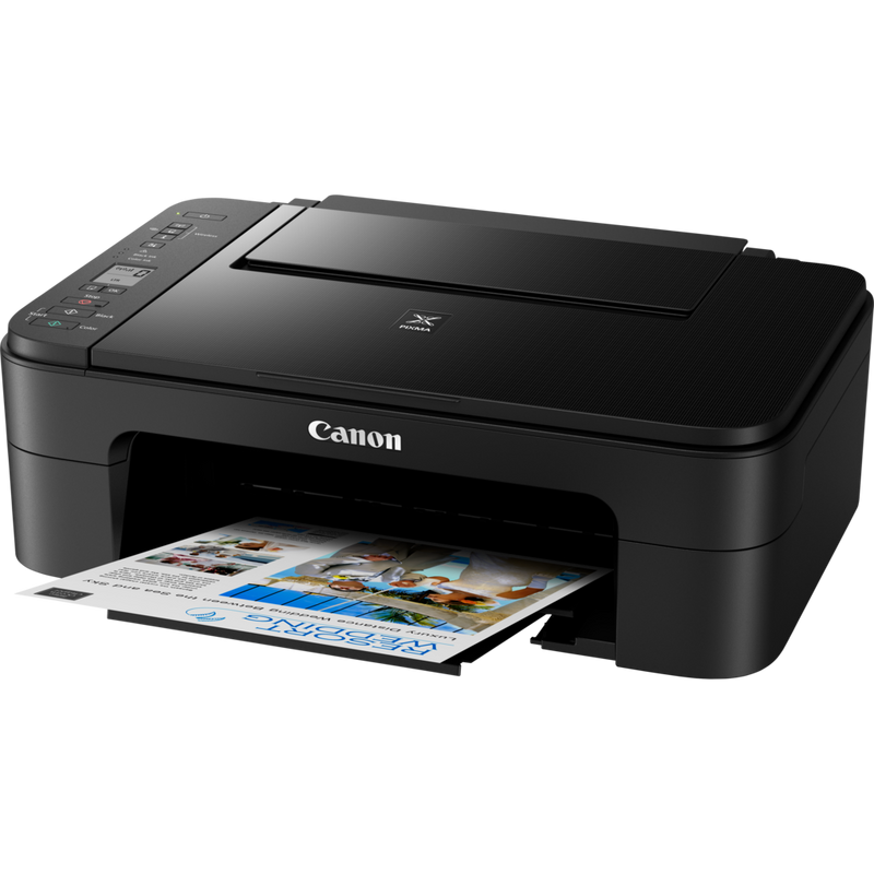 Canon PIXMA TS3350 Tintenstrahl-Multifunktionssystem, Schwarz Produkt Schrägansicht von vorne mit ausgeklapptem Papierfach