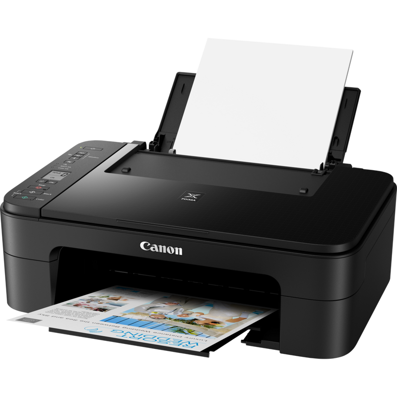Canon PIXMA TS3350 Tintenstrahl-Multifunktionssystem, Schwarz Produkt Schrägansicht von vorne mit ausgeklapptem Papierfach und Papierstütze