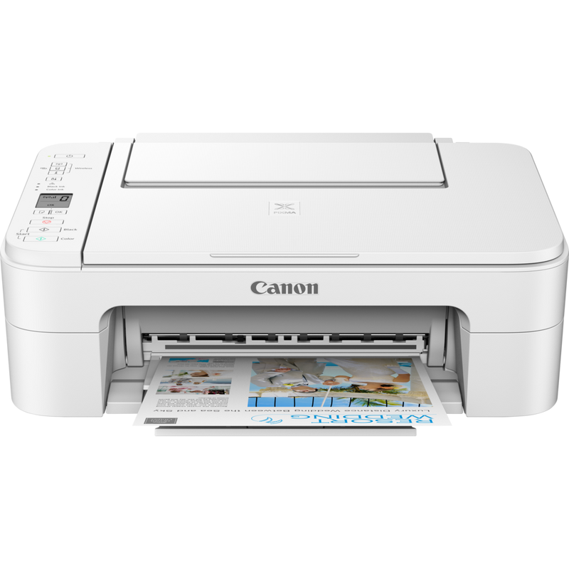 Canon PIXMA TS3351 Tintenstrahl-Multifunktionssystem, Weiß Produkt Vorderansicht mit ausgeklapptem Papierfach
