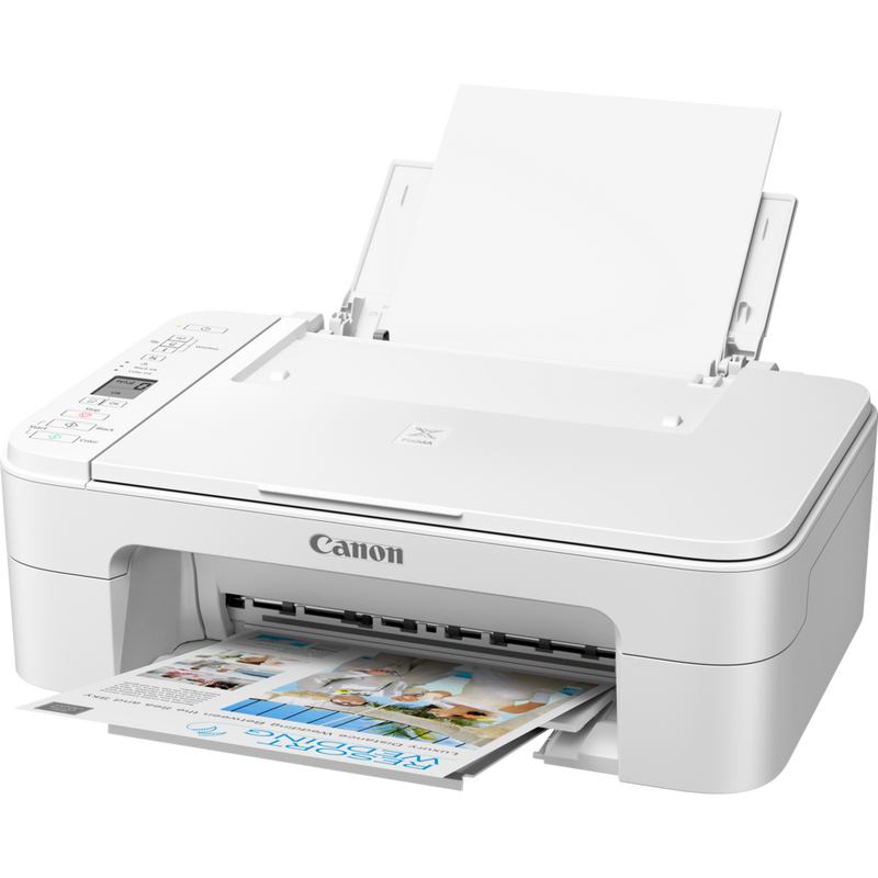 Canon PIXMA TS3351 Tintenstrahl-Multifunktionssystem, Weiß Produkt Schrägansicht von vorne mit ausgeklapptem Papierfach und Papierstütze
