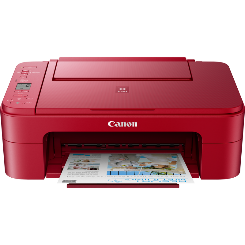 Canon PIXMA TS3352 Tintenstrahl-Multifunktionssystem, Rot Produkt Vorderansicht mit ausgeklapptem Papierfach