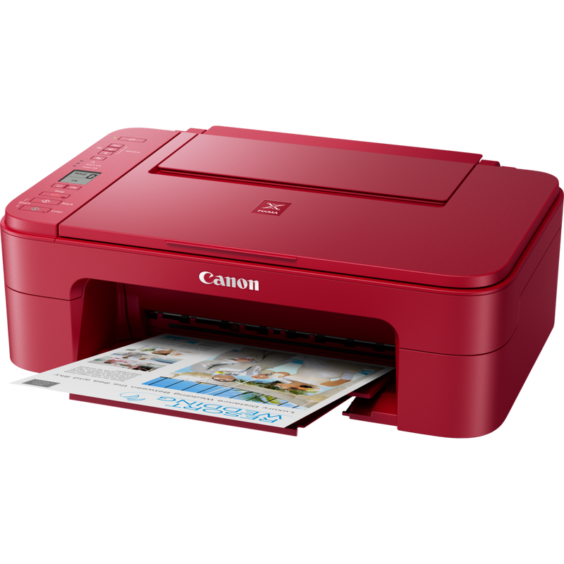 Canon PIXMA TS3352 Tintenstrahl-Multifunktionssystem, Rot Produkt Schrägansicht von vorne mit ausgeklapptem Papierfach
