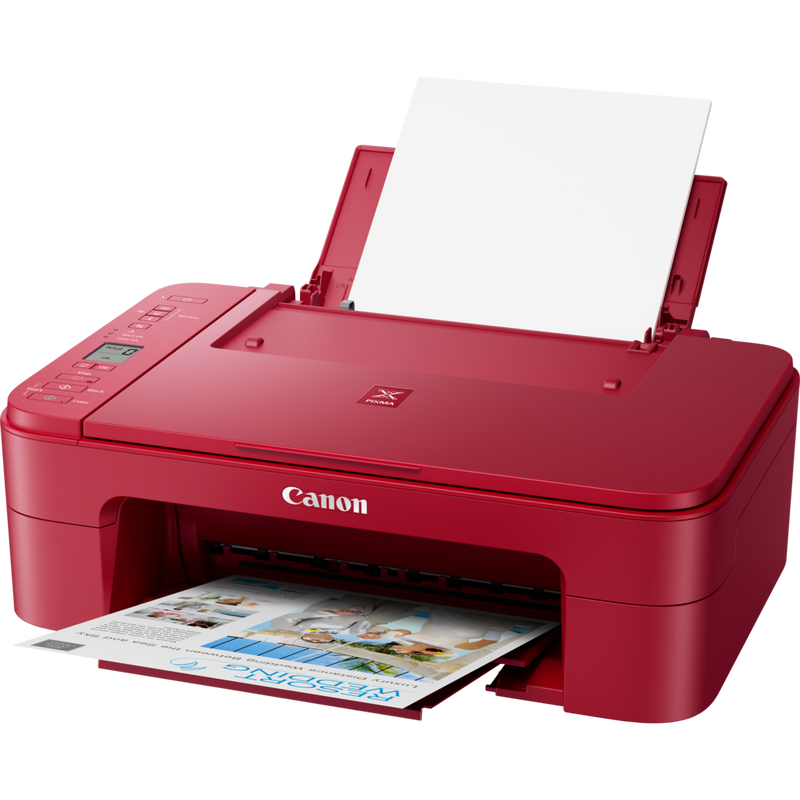 Canon PIXMA TS3352 Tintenstrahl-Multifunktionssystem, Rot Produkt Schrägansicht von vorne mit ausgeklapptem Papierfach und Papierstütze