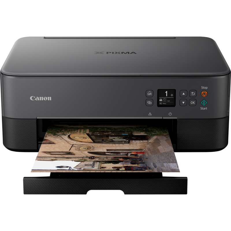 Canon PIXMA TS5350 Tintenstrahl-Multifunktionssystem, Schwarz Produkt Vorderansicht mit ausgeklapptem Papierfach