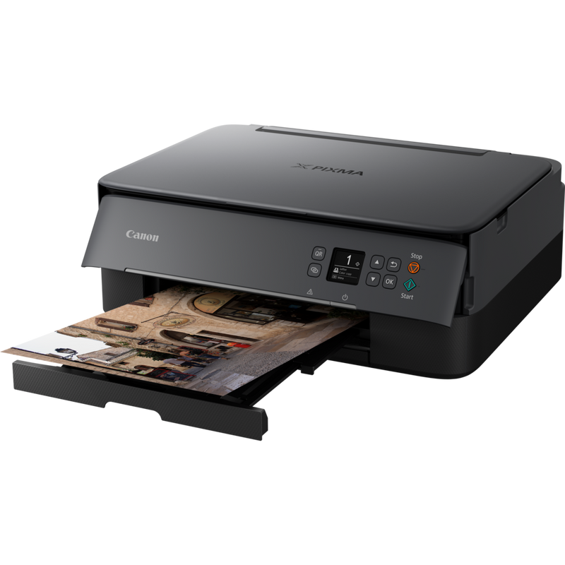 Canon PIXMA TS5350 Tintenstrahl-Multifunktionssystem, Schwarz Produkt Schrägansicht von vorne mit ausgeklapptem Papierfach