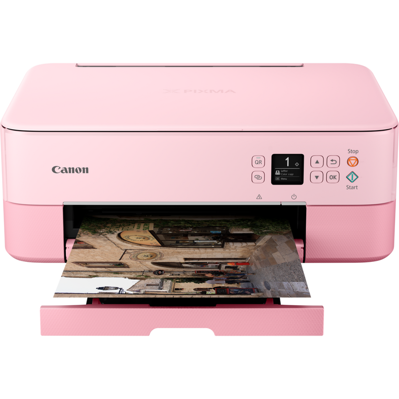 Canon PIXMA TS5352 Tintenstrahl-Multifunktionssystem, Pink Produkt Vorderansicht mit ausgeklapptem Papierfach