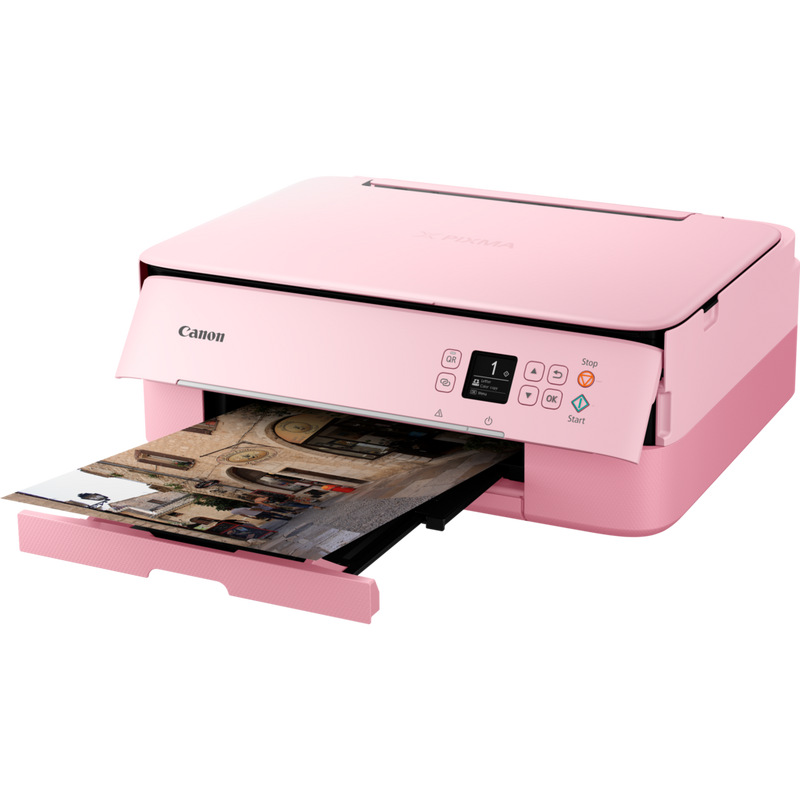 Canon PIXMA TS5352 Tintenstrahl-Multifunktionssystem, Pink Produkt Schrägansicht von vorne mit ausgeklapptem Papierfach