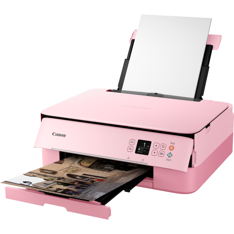 Canon PIXMA TS5352 Tintenstrahl-Multifunktionssystem, Pink Produkt Schrägansicht von vorne mit ausgeklapptem Papierfach und Papierstütze