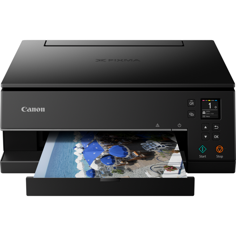 Canon PIXMA TS6350 Tintenstrahl-Multifunktionssystem, Schwarz Produkt Vorderansicht mit ausgeklapptem Papierfach
