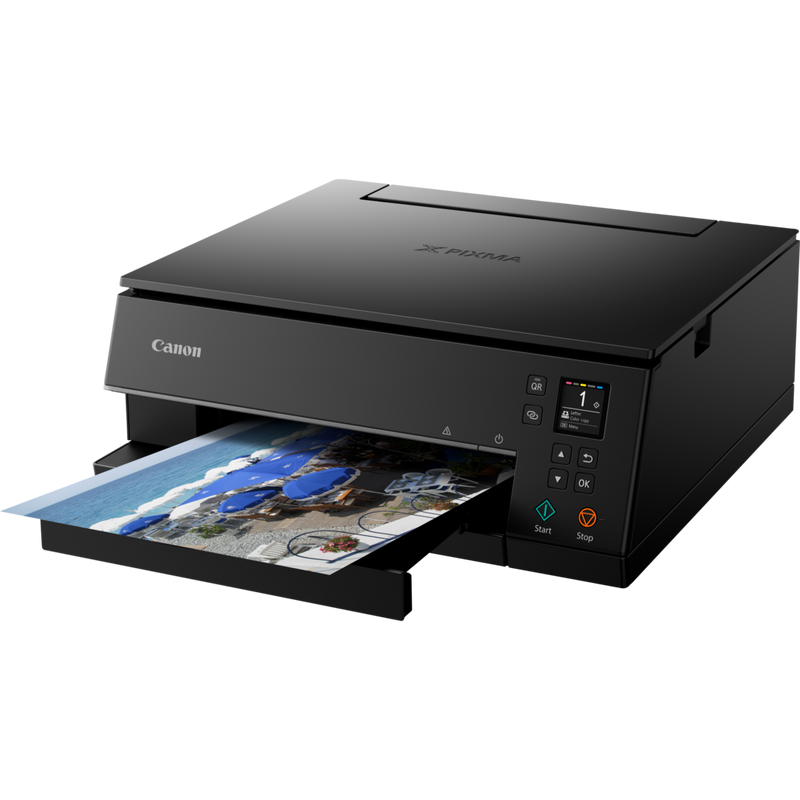 Canon PIXMA TS6350 Tintenstrahl-Multifunktionssystem, Schwarz Produkt Schrägansicht von vorne mit ausgeklapptem Papierfach