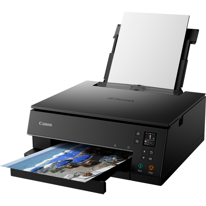 Canon PIXMA TS6350 Tintenstrahl-Multifunktionssystem, Schwarz Produkt Schrägansicht von vorne mit ausgeklapptem Papierfach und Papierstütze