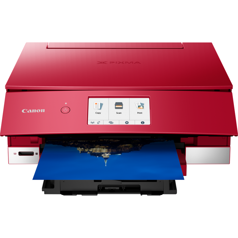 Canon PIXMA TS8352 Tintenstrahl-Multifunktionssystem, Rot Produkt Vorderansicht mit ausgeklapptem Papierfach
