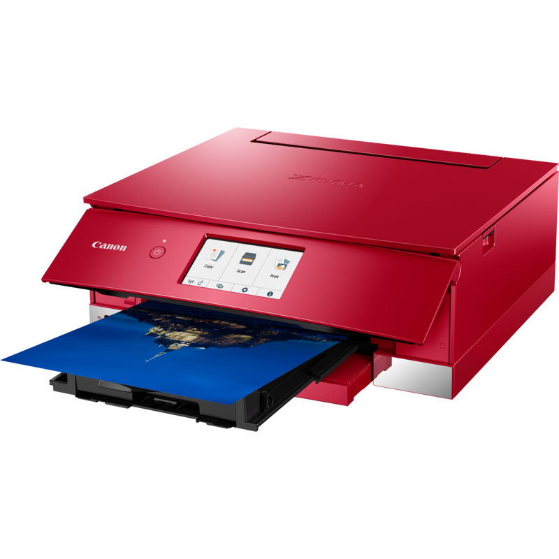Canon PIXMA TS8352 Tintenstrahl-Multifunktionssystem, Rot Produkt Schrägansicht von vorne mit ausgeklapptem Papierfach