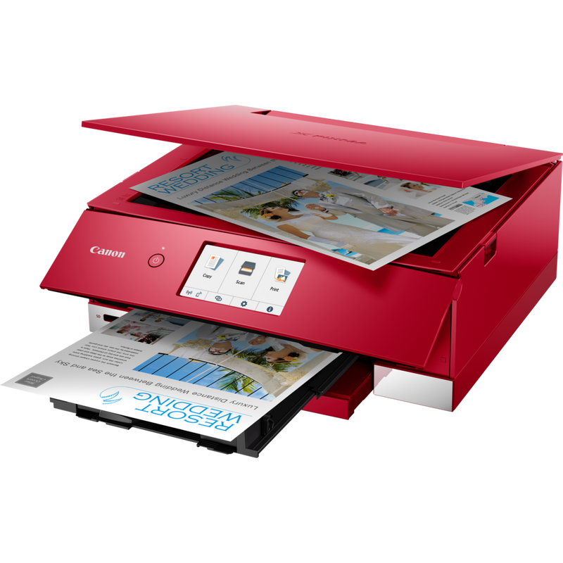 Canon PIXMA TS8352 Tintenstrahl-Multifunktionssystem, Rot Produkt Schrägansicht von vorne mit ausgeklapptem Papierfach