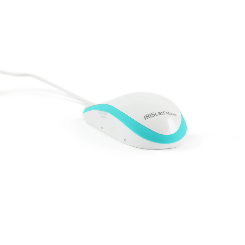 IRIScan Mouse Executive 2, Scanner & Maus, All-in-One Produkt Vorderansicht von links, bei der der Name sichtbar ist