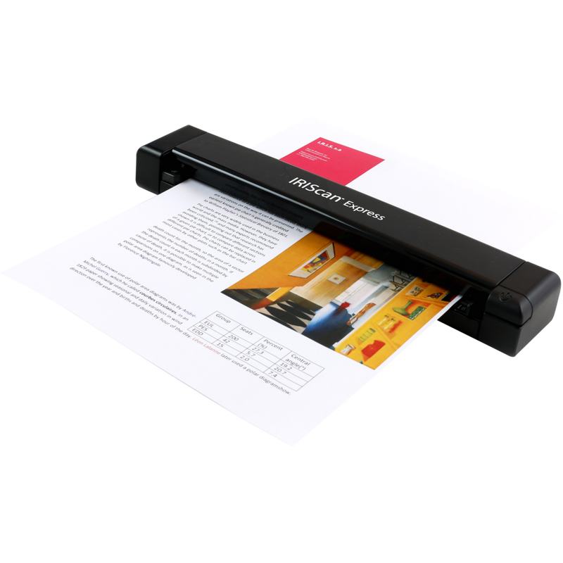 IRIScan Express 4 mobiler Scanner mit Einzelblatteinzug Produkt Vorderansicht von links mit Beleg