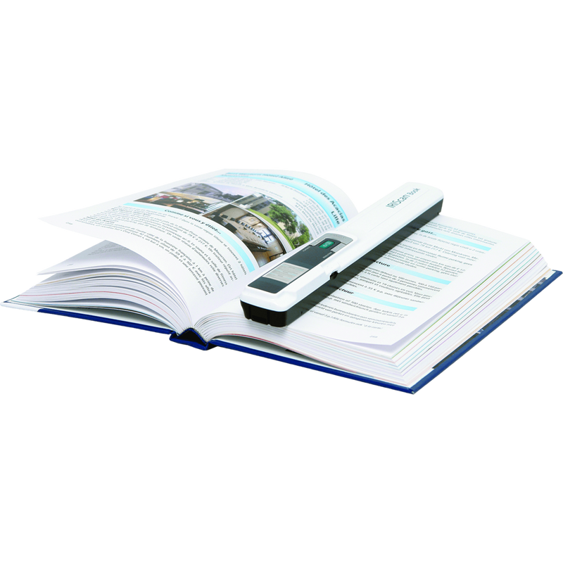 IRIScan Book 3 Handheld-Scanner Produkt Scanner, der auf einem Buch steht