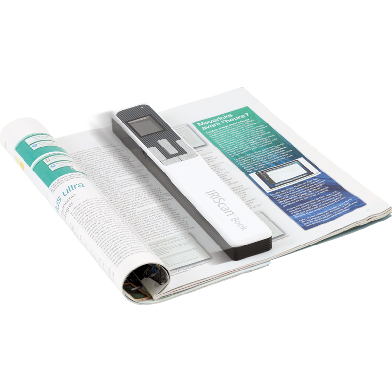 IRIScan Book 5 Handheld-Scanner Produkt Scanner, der auf einem Buch steht