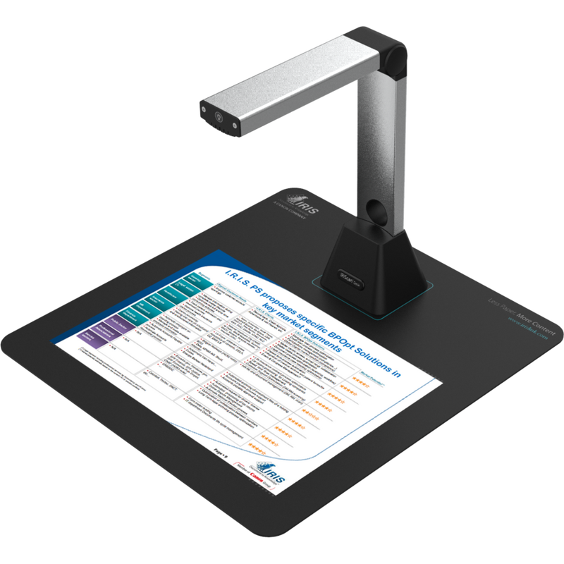 IRIScan Desk 5 Desktop-Kamerascanner Produkt Vorderansicht von links mit Papier auf dem Einzug