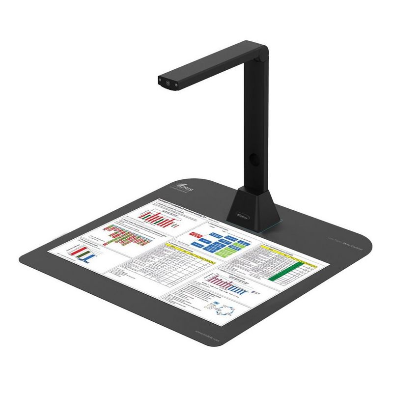 IRIScan Desk 5 Pro Desktop-Kamerascanner Produkt Vorderansicht von links mit Papier auf dem Einzug