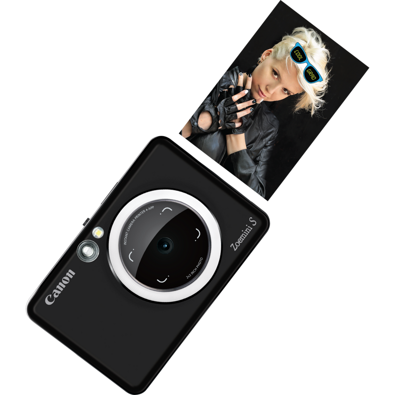 Canon Zoemini S mobile Sofortbildkamera mit Mini-Fotodrucker, Mattschwarz + Tagebuch + Tasche Produkt Vorderansicht mit Ausdruck
