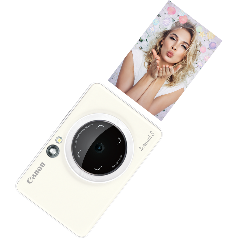 Canon Zoemini S mobile Sofortbildkamera mit Mini-Fotodrucker, Perlweiß + Tagebuch + Tasche Produkt Vorderansicht mit Ausdruck